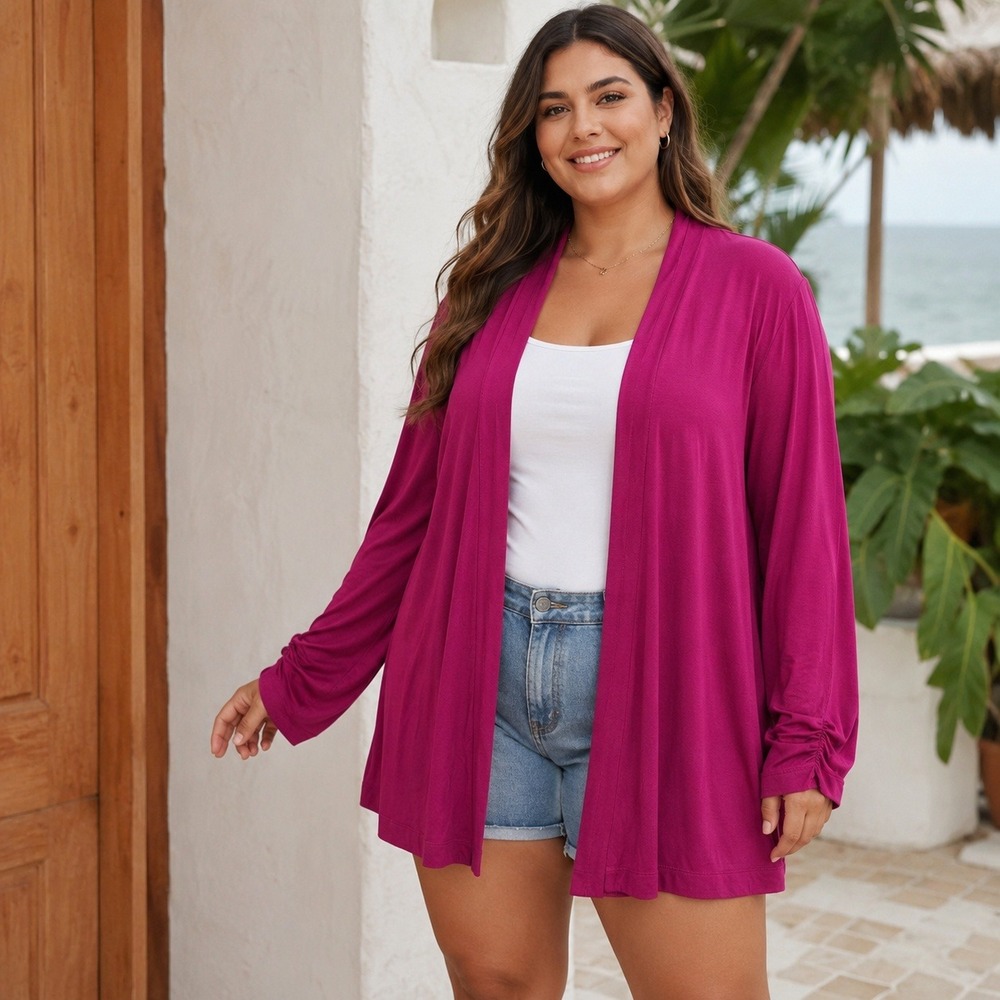 Chico's‎ Berry Pink Open Front Cardigan Ruched Sleeve Jersey Knit Size 3 XL